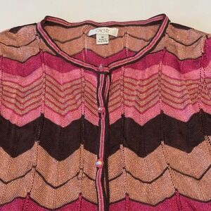 Vtg Cache Womens Pink Brown Metallic Chevron Zigzag Knit Cardigan Sweater Med